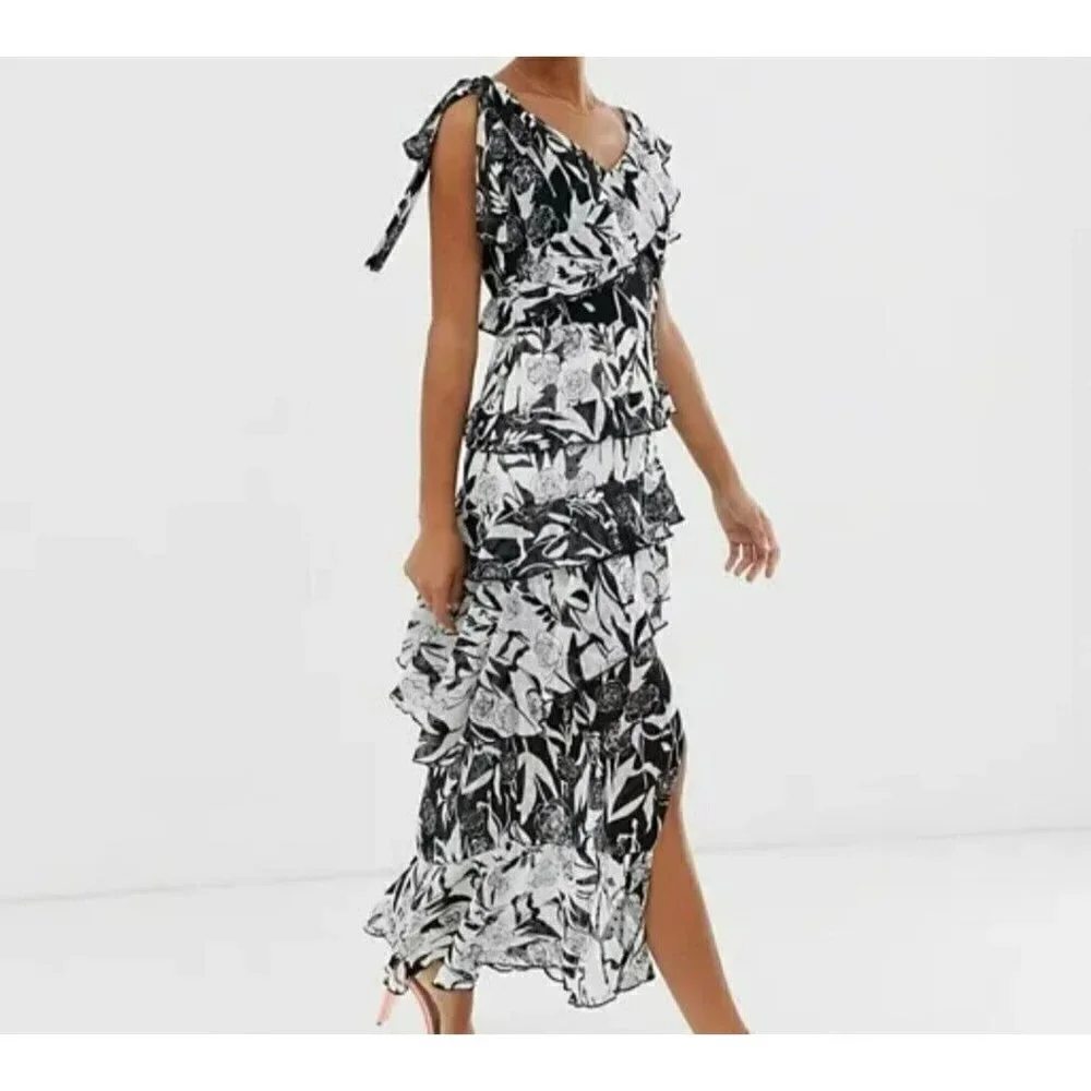 Dark Pink Deconstructed Midi Tea Dress Black White Layered Ruffled Sz US 2 /UK 6
